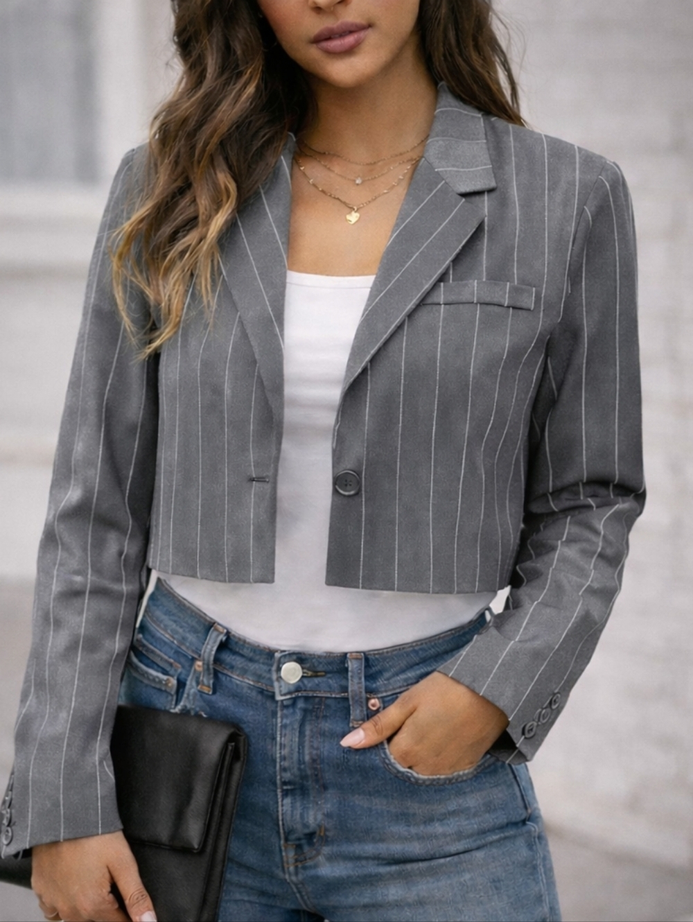 White Birch Black Label Cropped Blazer Grey White Pinstripe XL Tailored Jacket